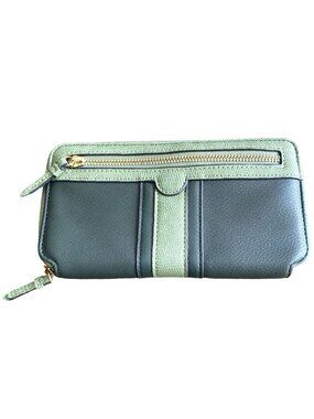 Time and Tru Green Zip Around Wallet Slim Card Holder Faux Leather